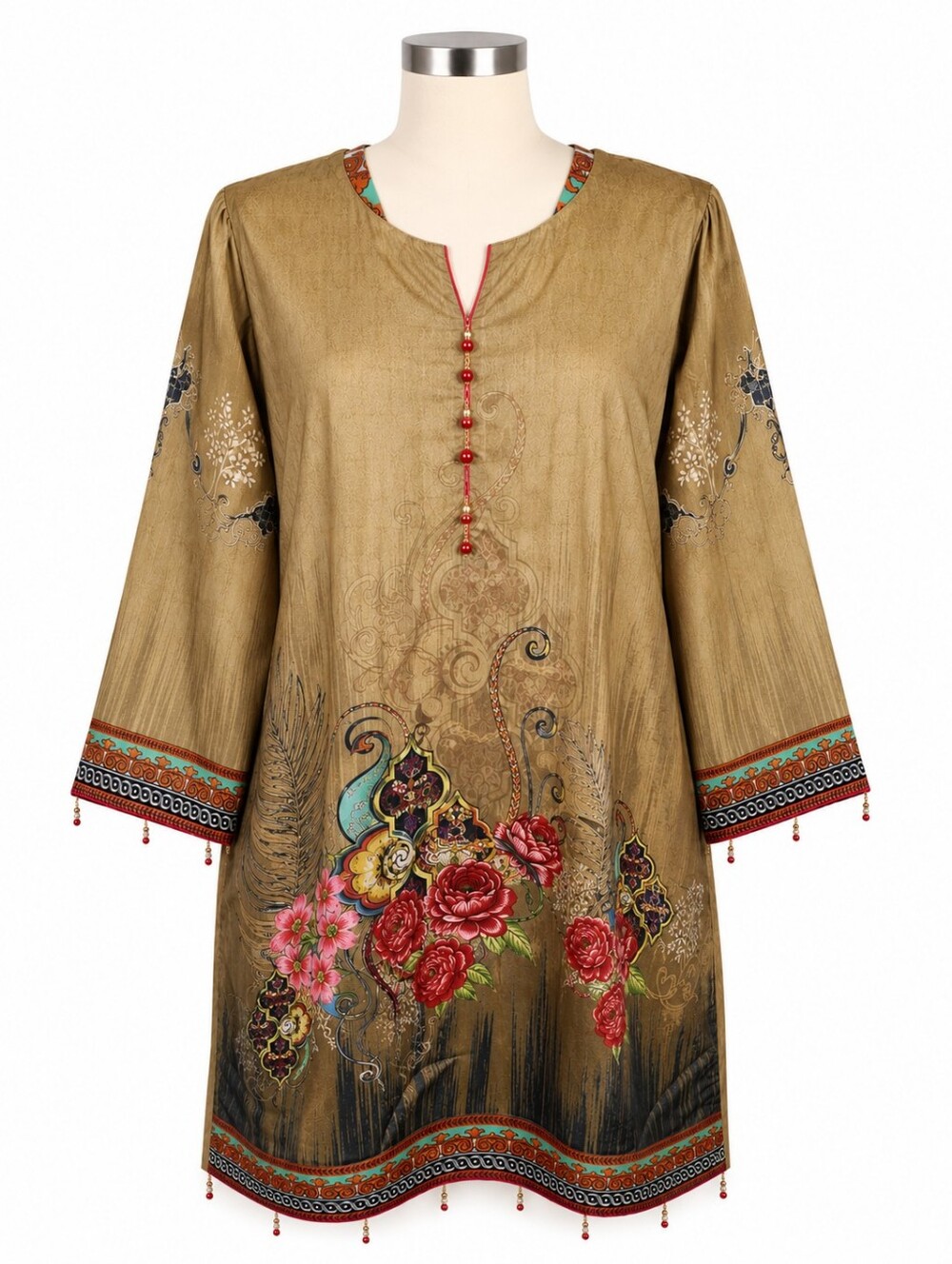 Women's Silk Blend Digital Print Kurti Kameez Floral Brown Tunic Dress L/XL (46)